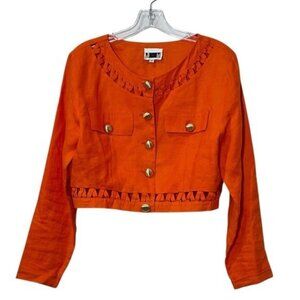 Vintage JM by Shelli Segal 8 Cropped 100% Linen Jacket Orange Button 80's Cutout